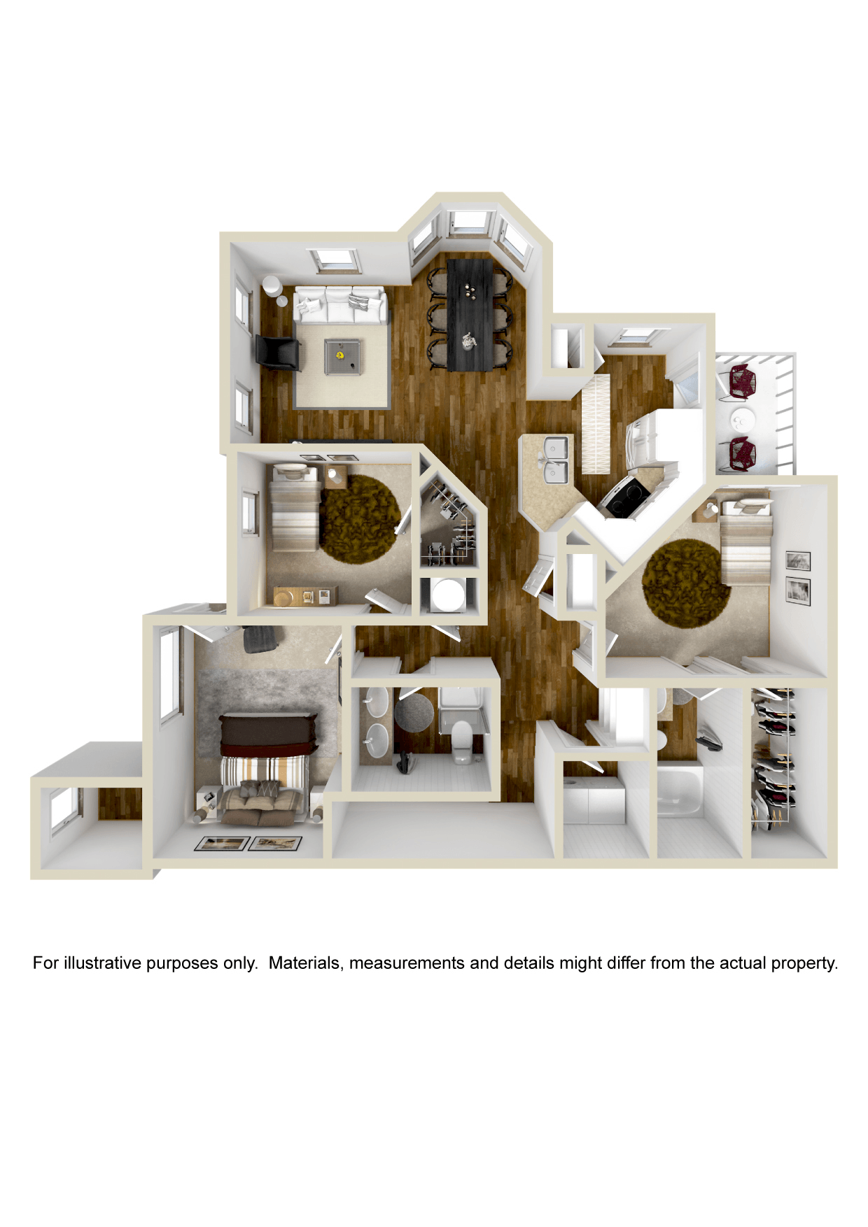 Floor plan for 3 beds, 2 baths, 1376 sqft